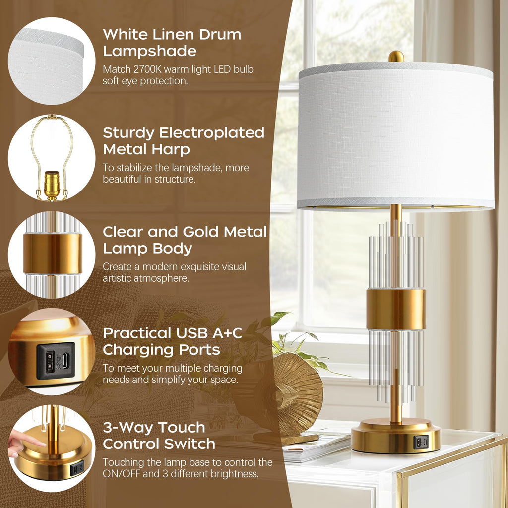 Gold Table Lamp Set of 2, 25.5" Modern Nightstand Lamp