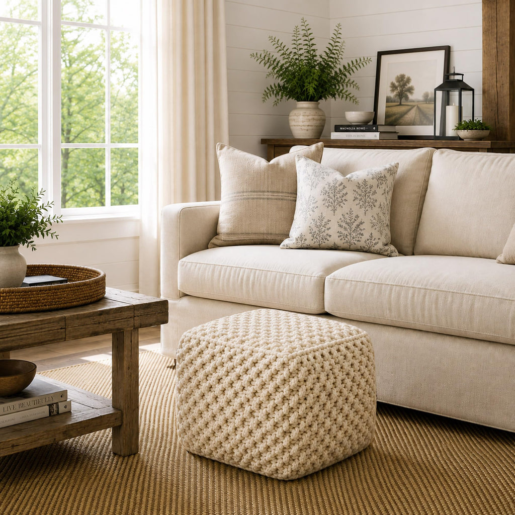 Square Pouf Ottoman, Natural - 18.5" W x 18.5" D x 14.5" H Cotton Knit Foot Stool - Boho Floor Pouffe