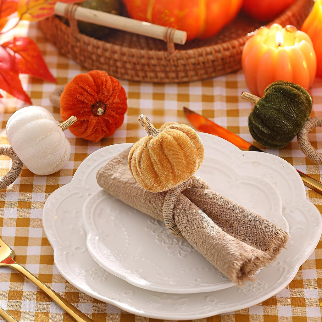 Velvet Pumpkin Napkin Rings Boho Rustic Fall Napkin Holders for Thanksgiving Friendsgiving Autumn Weddings - Set of 8
