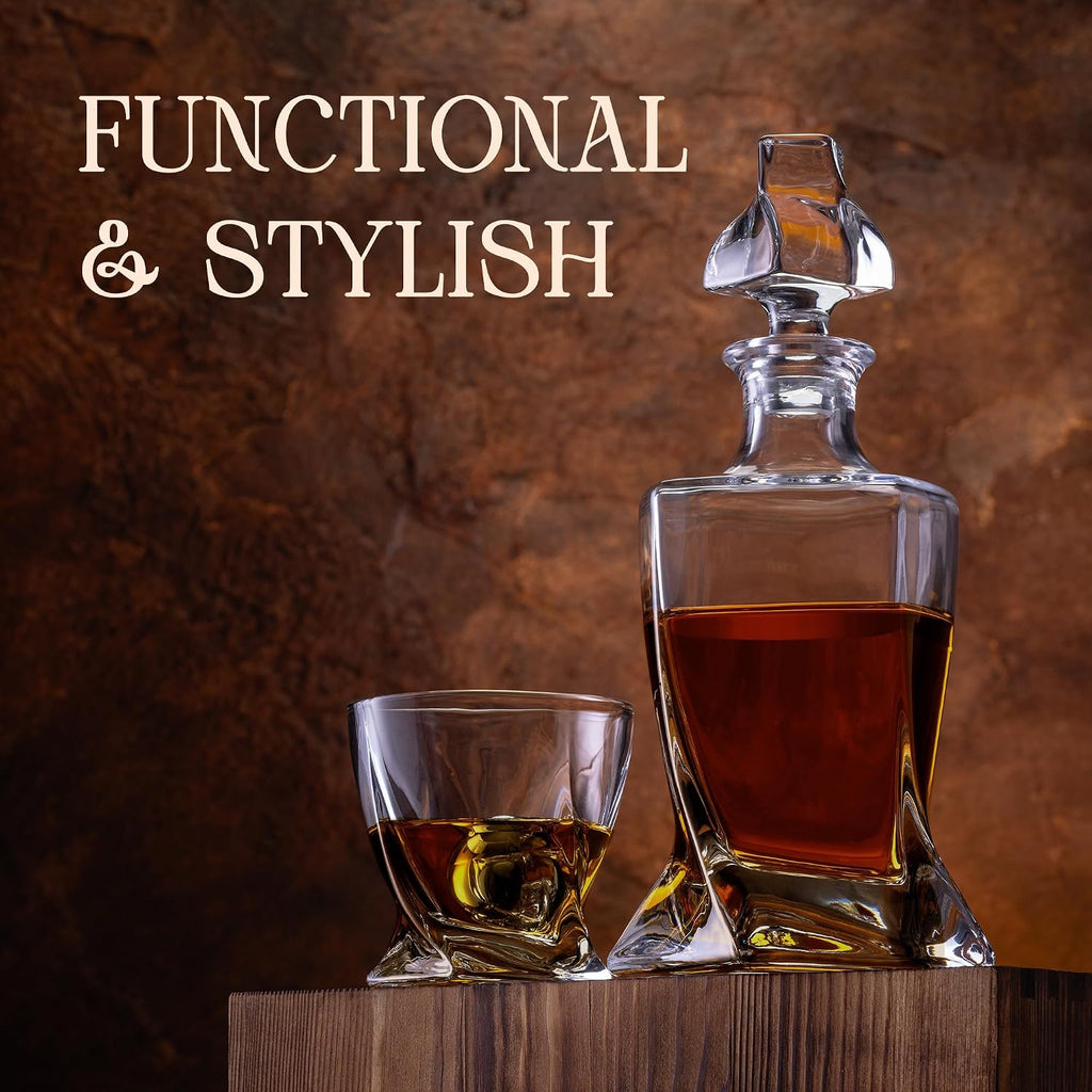Crystal Whiskey Decanter Set 24oz With Glasses & Chilling Stones - Features Stainless Steel Whiskey Balls, Slate