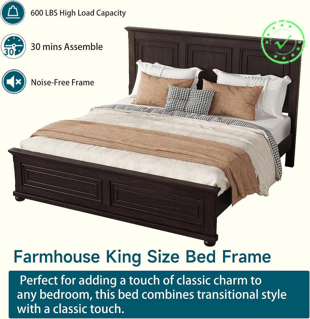 Farmhouse King Bed Frame with Tall Headboard, Wood Platform Bed and Footboard & Charging Station, Mid-Centery Rustic