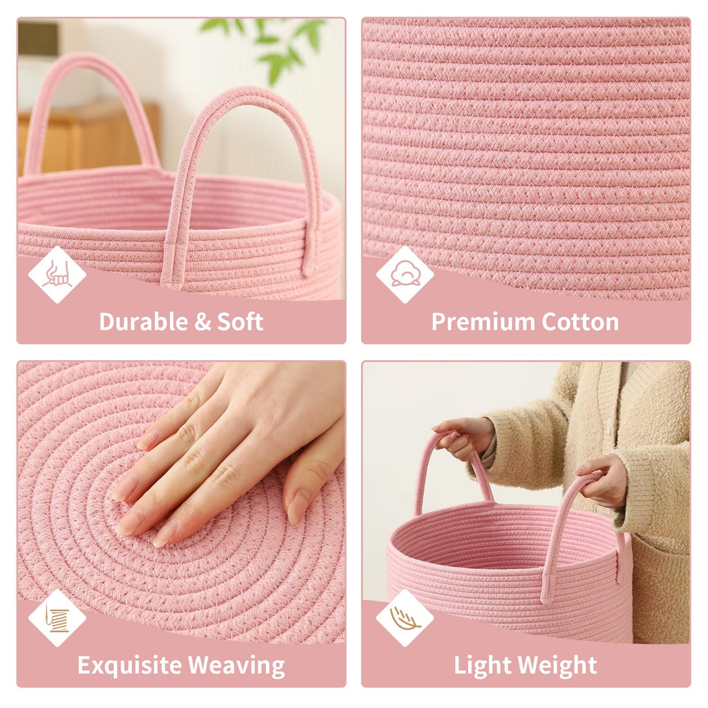 Basket Hamper Tall Rope Storage Woven for Blanket toys Dirty Clothes Bathroom Bedroom (Pink, 80L/21.3Gal)