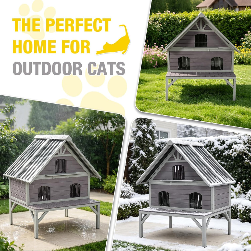 Extra Large 2-Tier Wooden Outdoor Cat House Weatherproof with Sun Balcony & 3 Escape Doors, Solid Wood Feral Cat
