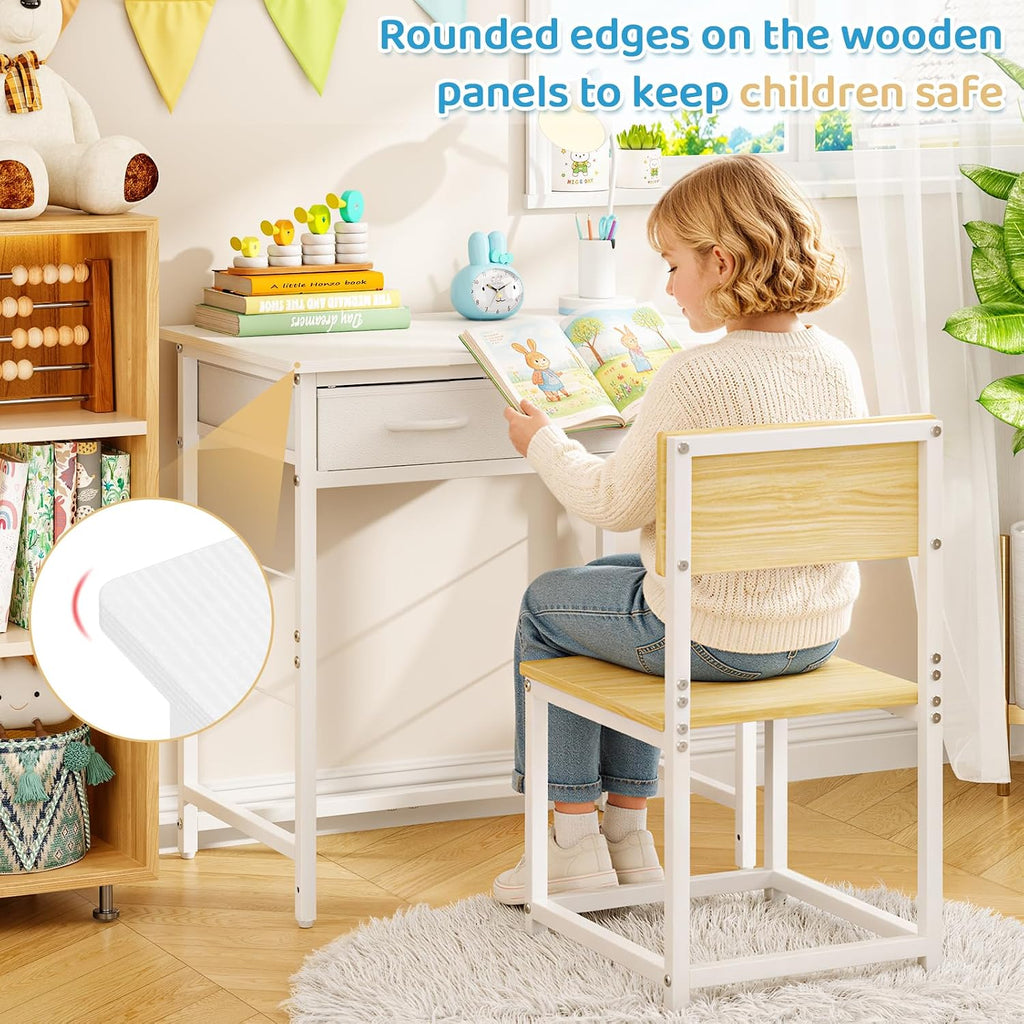 Kids Desk and Chair Set for 5-10 Year Old, Children Study Table with 2 Storage Drawers, Small Student Writing Desk