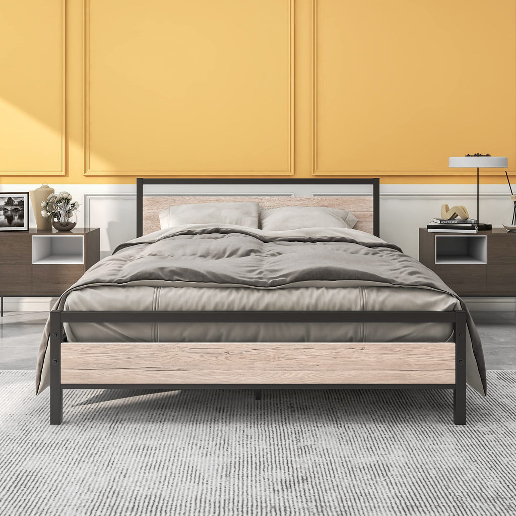 Bed Frames with Wood Headboard, Heavy Duty Platform Bed Frame No Box Spring Needed, Farmhouse Bed Steel Slat