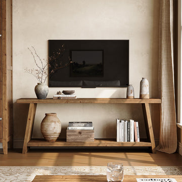 Solid Wood TV Stand, Farmhouse Media Console for 55/60/65 inch TV, 2-Tier Mid-Century Modern TV Stand with Storage