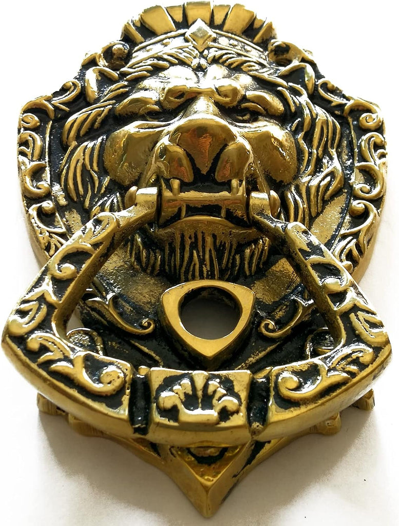 Crowned Lion Door Knocker with Spy Hole,Viewer,Peephole, Solid Brass 6.3 inches(Antique Brass)