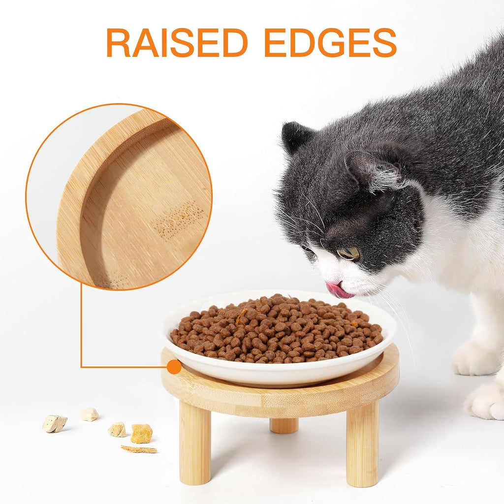 Elevated Cat Bowls Bamboo Stand, Ceramic Feeding Station for Indoor Cats