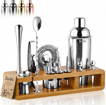 Bartender Kit - Stainless-Steel Cocktail Shaker Set w/Bamboo Stand - Mixology Bar Tools w/Drink Shaker, Mixer Spoon &