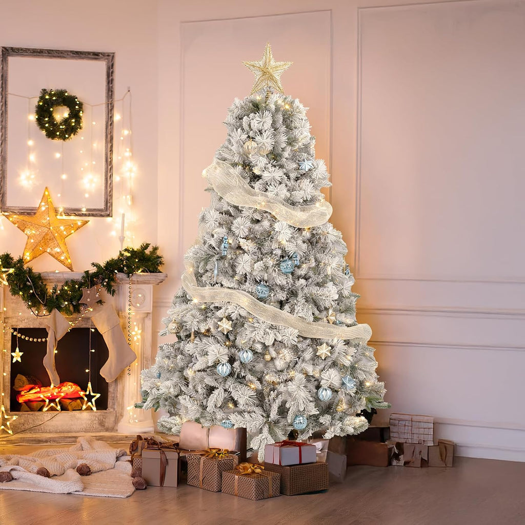 7ft Snow-Flocked Artificial Christmas Tree, LED pre-lit Holiday Xmas Tree Party Decoration with 1100 PE&PVC Hinged