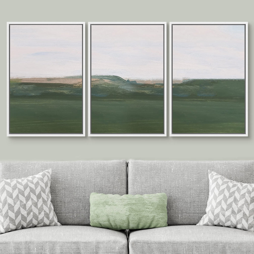 Framed Wall Print Set Abstract Green Hill Landscape with Skyline Shapes Patterns Illustrations Modern Bohemian