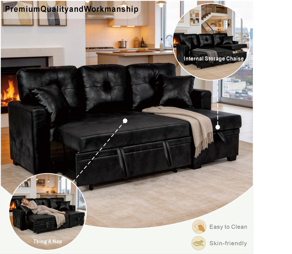 71" Sectional Sleeper Sofa with Pull Out Bed, L Shaped Sleeper Sofa with Reversible Chaise, 3 Seater Modular