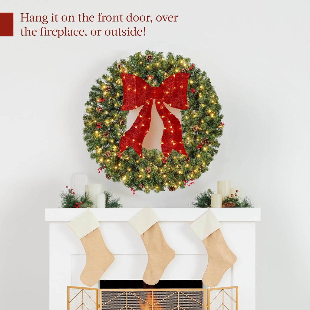 60in Pre-Lit Christmas Wreath w/Berries & Pinecones, Large Artificial Indoor/Outdoor Decor for Door, Mantel w/Red