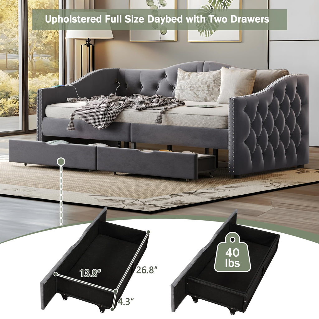 Full Size Daybed with Storage Drawers, Upholstered Daybed