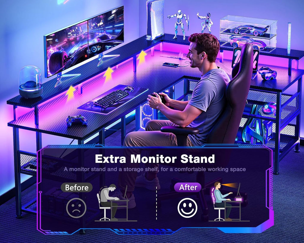 66" Large L Shaped Gaming Desk with Power Outlet & LED, Black | Reversible L desk, carbon fiber texture. Storage