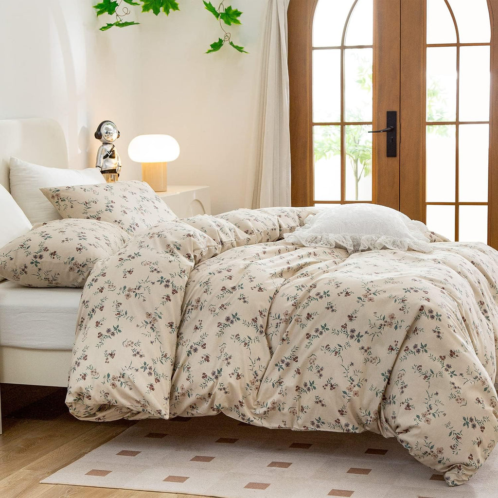 Duvet Cover Floral, Brushed Microfiber 3 Pieces Bedding Set, Garden Style Vintage Floral Duvet Cover