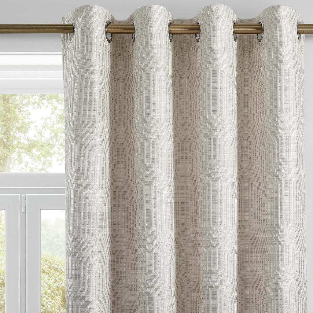 Beige and Silvery 100% Blackout Jacquard Geometric Pattern Curtains,52 Inch Wide 84 Inches Long 2 Panels, Thermal