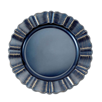 6 pcs 13-Inch Navy Blue Gold Round Scalloped Rim Design Plastic Dinner Charger Plates | Serving Dinnerware Set for