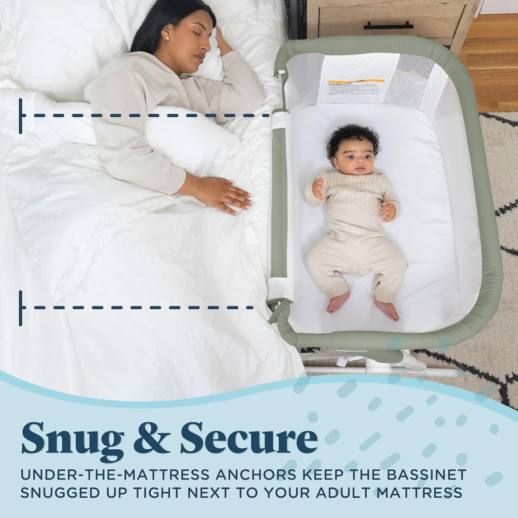 Beside MeTM Dreamer Bassinet, Organic Sage | 6-Position Height Adjustment, Mesh Wall for Air Flow & Visibility, Zip