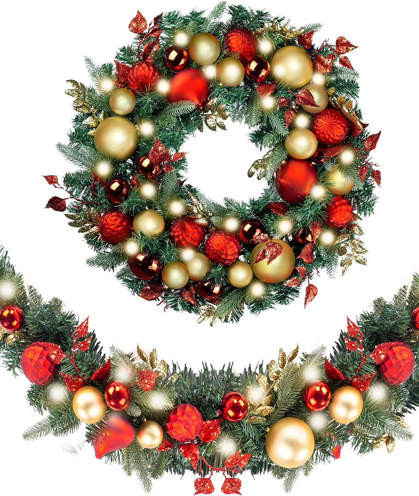 Pre-Lit with Lights 50 LED Red Gold Baubles