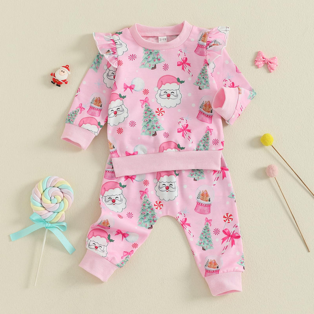 Fall Winter Toddler Baby Girl Clothes Cute Print Ruffle Shirt Top Pants Set 2 Piece Newborn Infant Girl Outfit