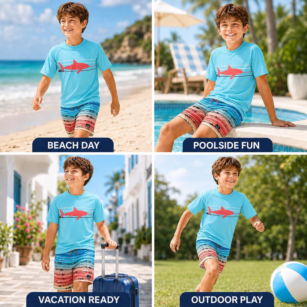 Boys Piece UPF 50 Short Sleeve Rash Guard & Swim Trunks