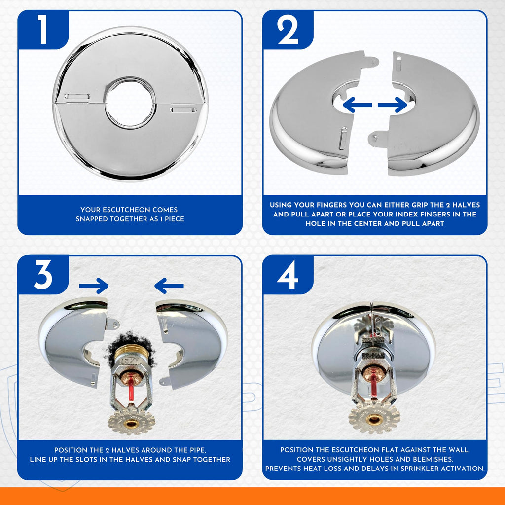Retrofit Fire Sprinkler Escutcheon Cover Plate 1/2" IPS - Flat 2 Piece Stainless Round Split Flange for Easily