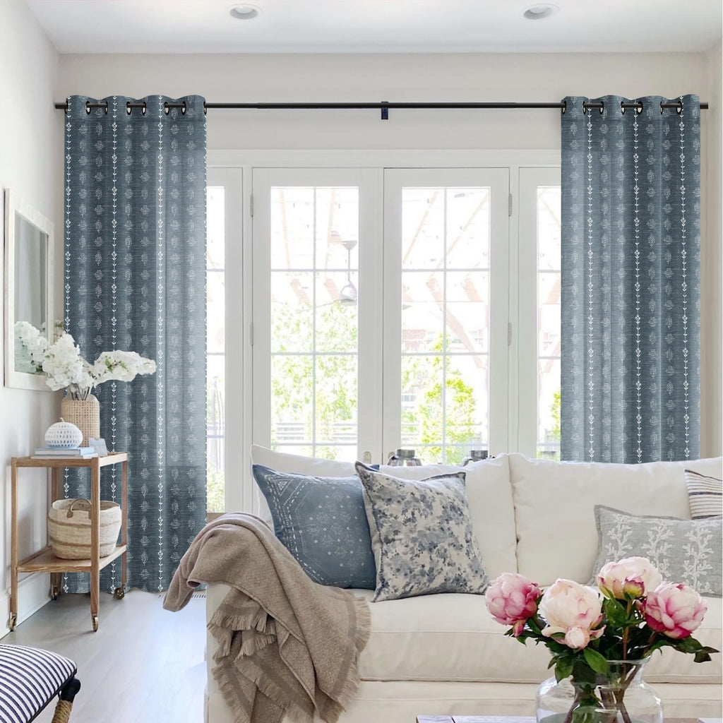 Blue Curtains 96 Inches Long, Sheer Boho Pattern Stripe Farm House Curtains 2 Panels Bedroom, Navy and White