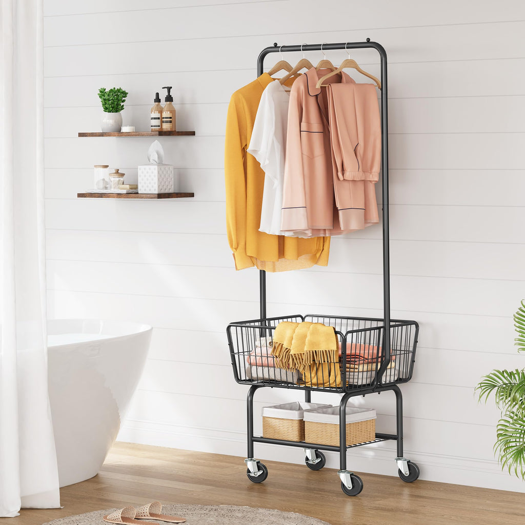 Rolling Laundry Cart with Hanging Rack & Laundry Basket, Black