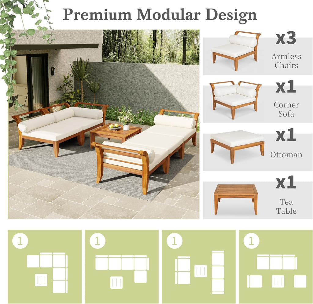 6 Piece Patio Sofa Set, Acacia Wood Outdoor Modular Sectional Garden Furniture Set, L-Shaped Conversation Set with