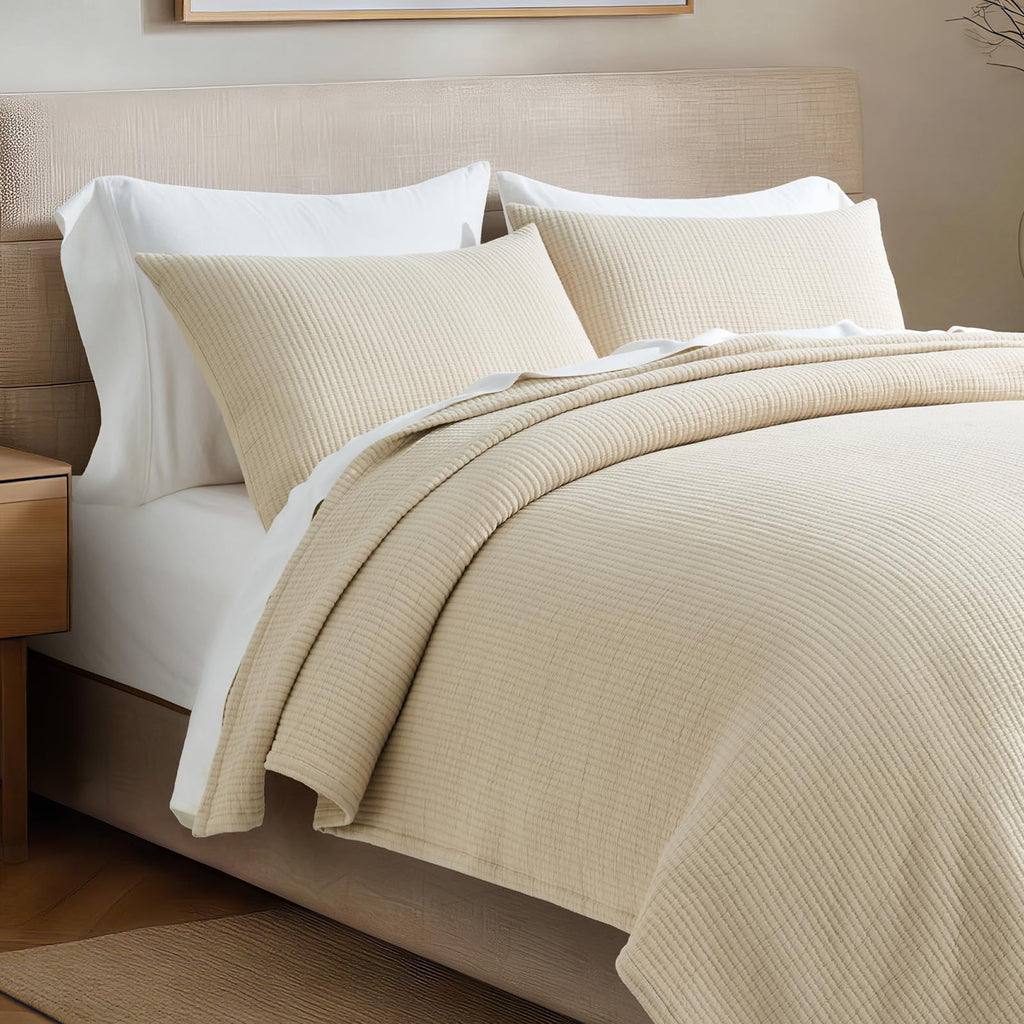 Cotton Gauze Matelassé Coverlet Set, Soft Oat