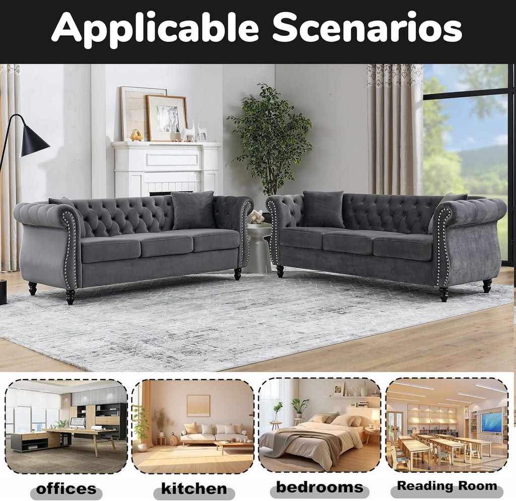80" 2 Piece 3-Seater Chesterfield Sofa, Combination Sofa with Button Tufted Trimming Curved Backrest Rolled Arms, Grey