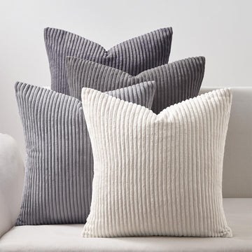 Neutral Grey Decorative Throw Pillow Covers 18x18 Inch Set of 4, Modern Farmhouse Striped Corduroy Cushion