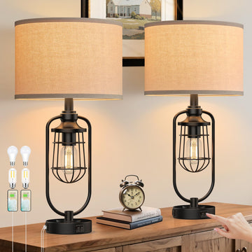 24" Farmhouse Black Table Lamps Set of 2, USB A+C