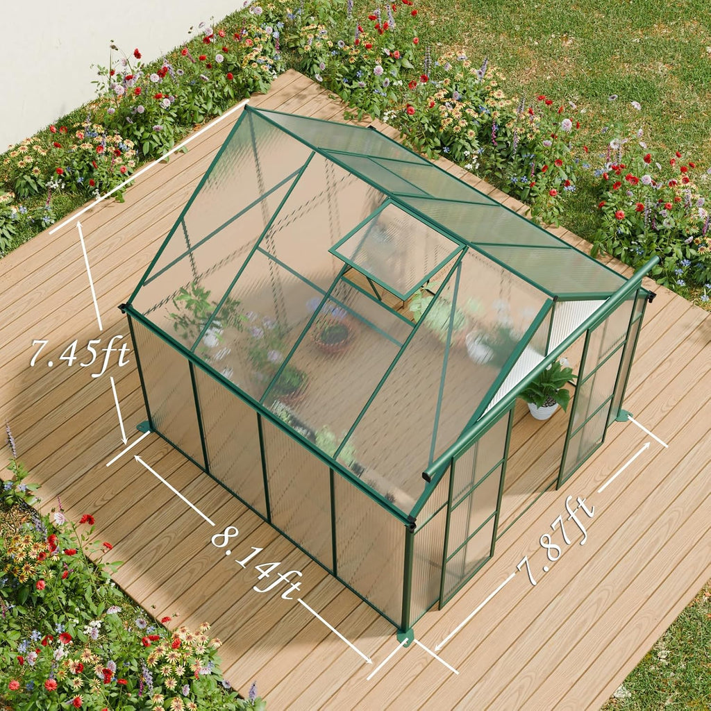 8x8 FT Green Outdoor Walk-in Polycarbonate Greenhouse Dual Sliding Doors Adjustable Roof Vent Aluminum Frame