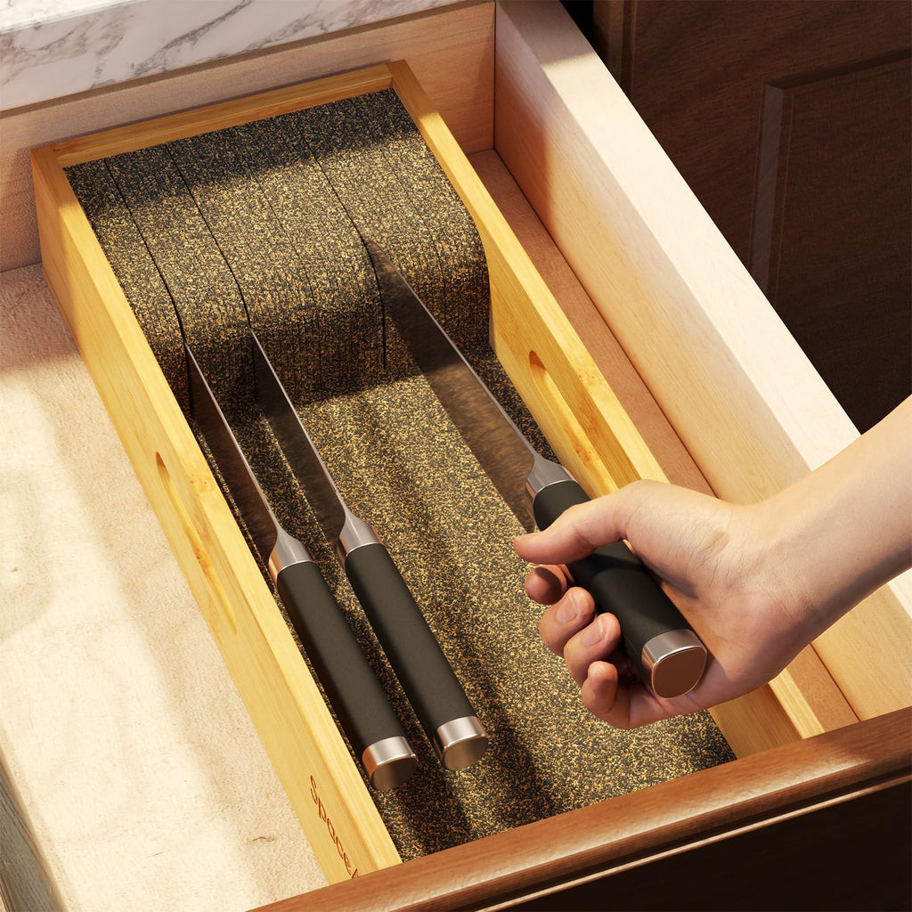 Knife Drawer Organizer Bamboo Insert Dock, Kitchen Steak Knives Holder Organizers Block for Drawer in Storage