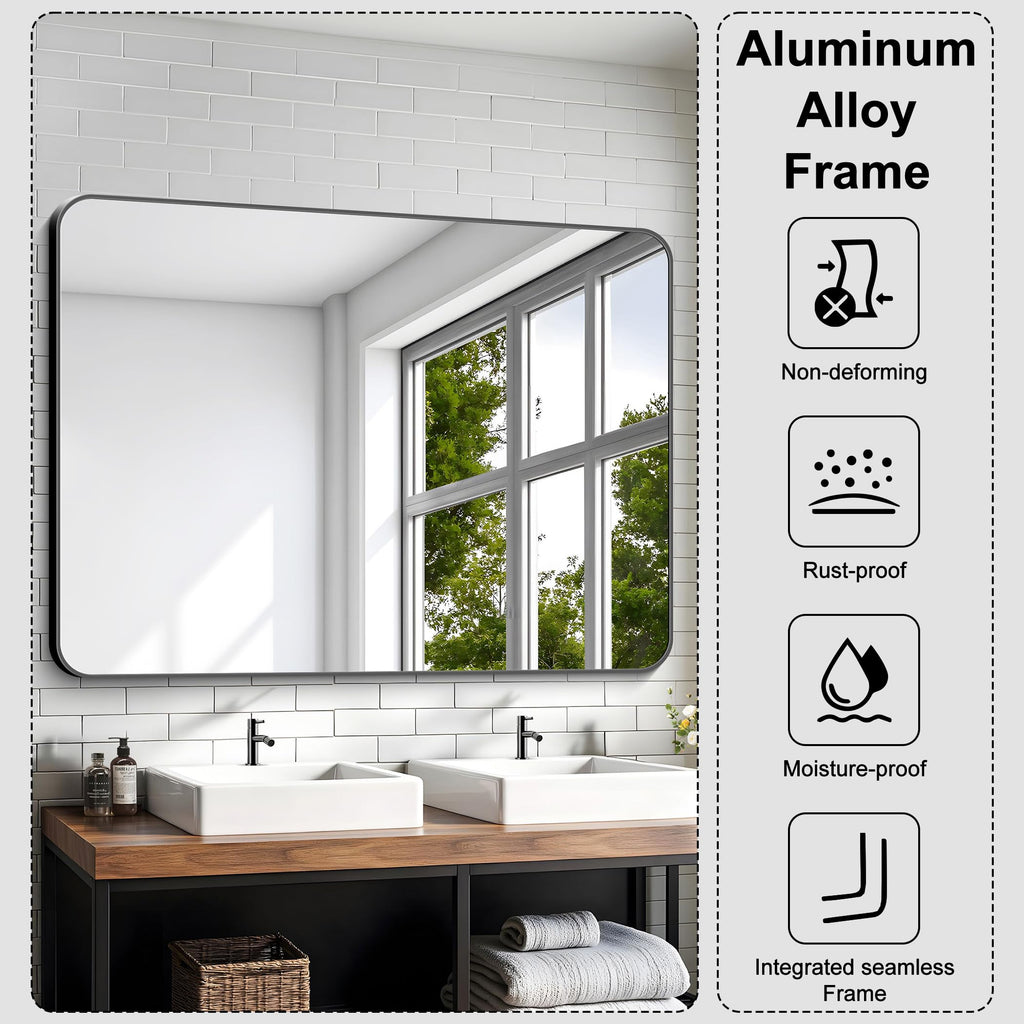 Bathroom Mirror, 36"x48" Black Rectangle Vanity Mirror, Black Metal Frame Mirror with Rounded Corner