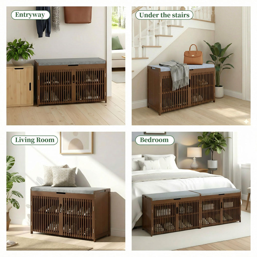 Shoe Storage Bench with Cushioned Seat 3-Tier Entryway Shoe Rack with Doors