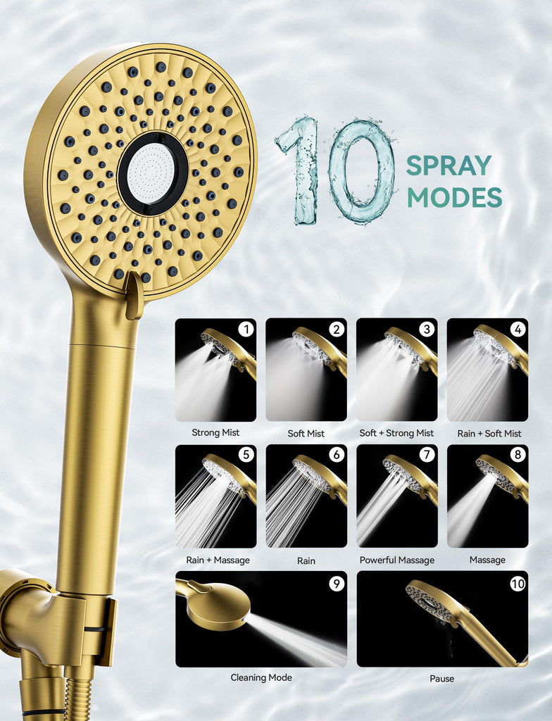 Shower Head with Handheld, High Pressure 10-Spray Detachable Chrome Showerhead with Stainless Steel Hose,Brushed Gold
