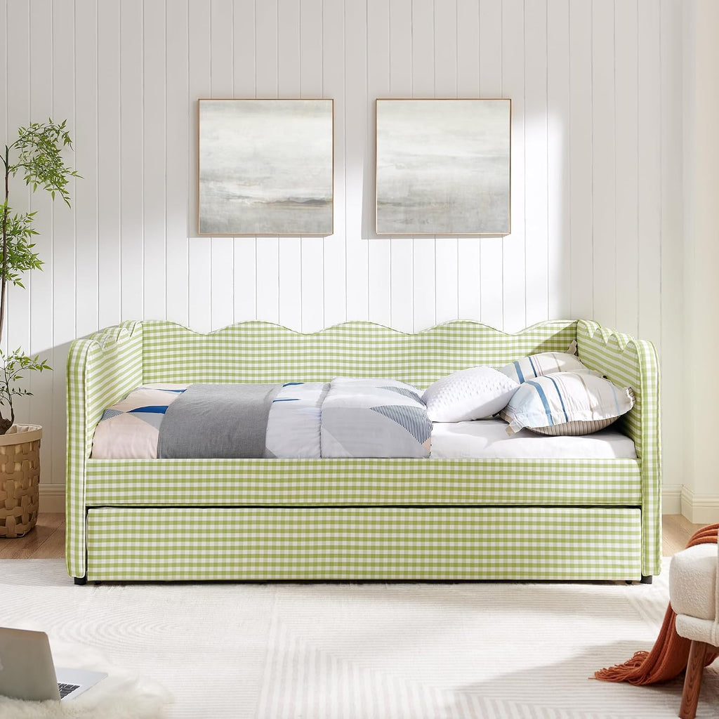 Full Size Upholstery Daybed with Trundle and USB, Full to King Design Adorable Wave Shaped Extendable Linen Sofa Bed