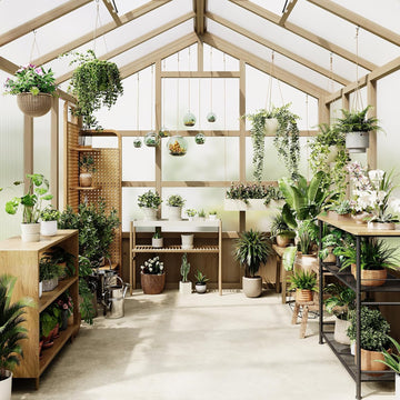 8x8FT Greenhouses for Outdoors, Wooden Greenhouse with Lockable Door, Wood Frame & Adjustable Vent, Polycarbonate