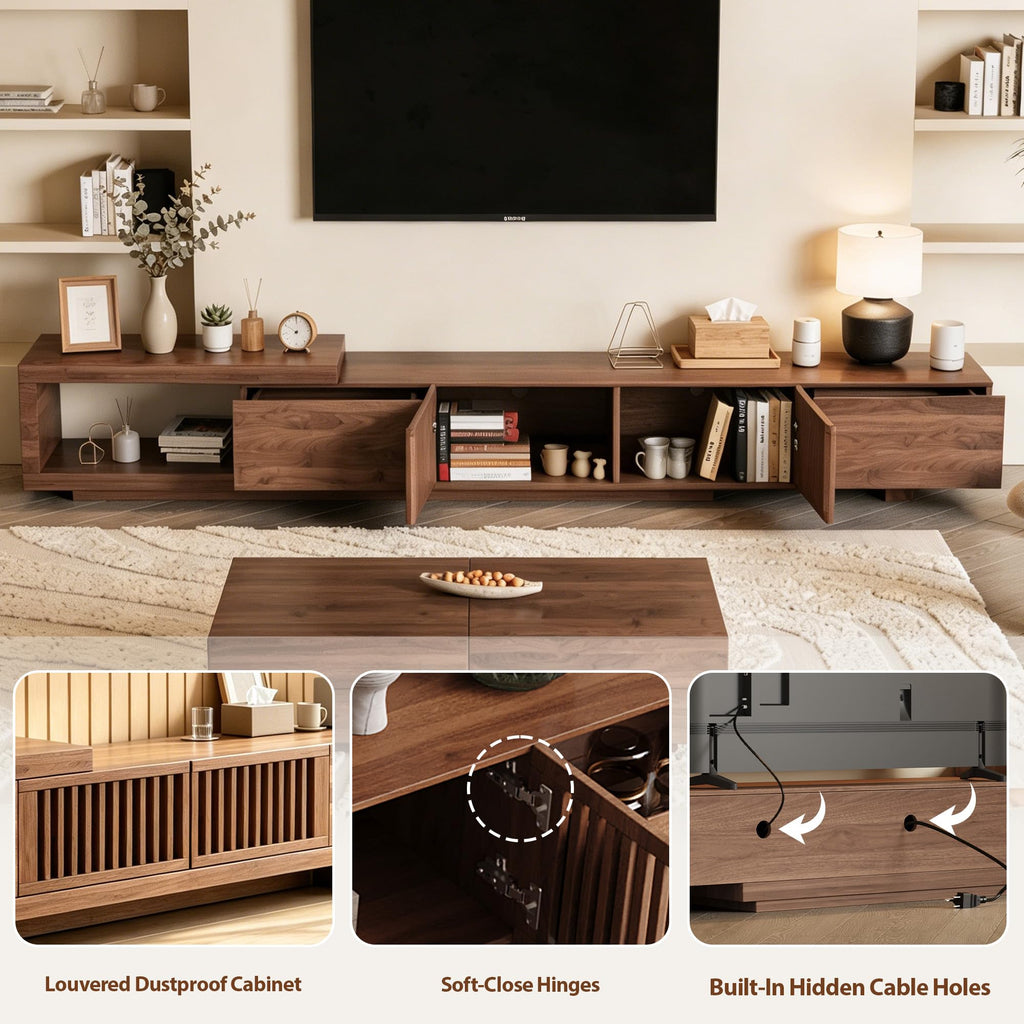 78.54-103" Mid-Century Modern Walnut TV Stand, Extendable Media Console with Slatted Door Design, Featuring Drawers
