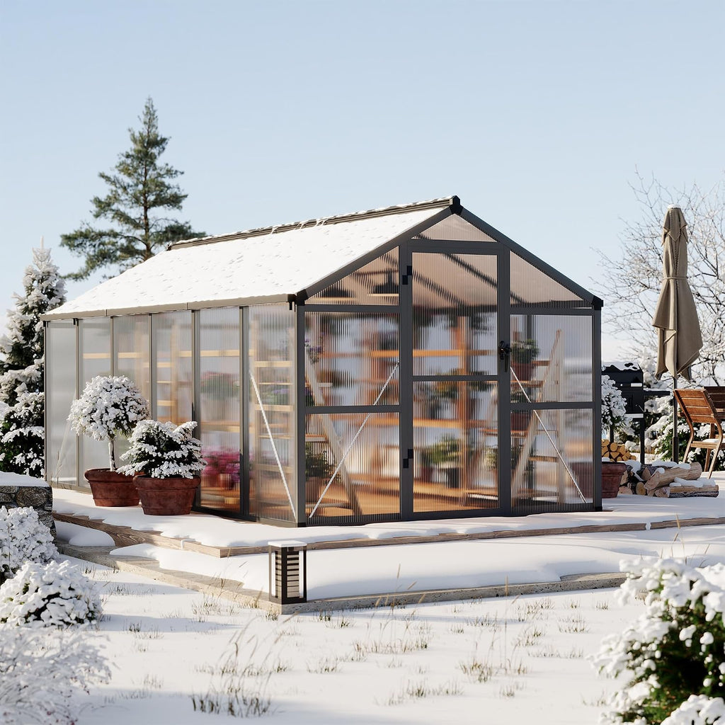 8x12ft Walk-in Greenhouse, Heavy Duty Large Outdoor Green House | Polycarbonate Garden Greenhouse with Roof Vent