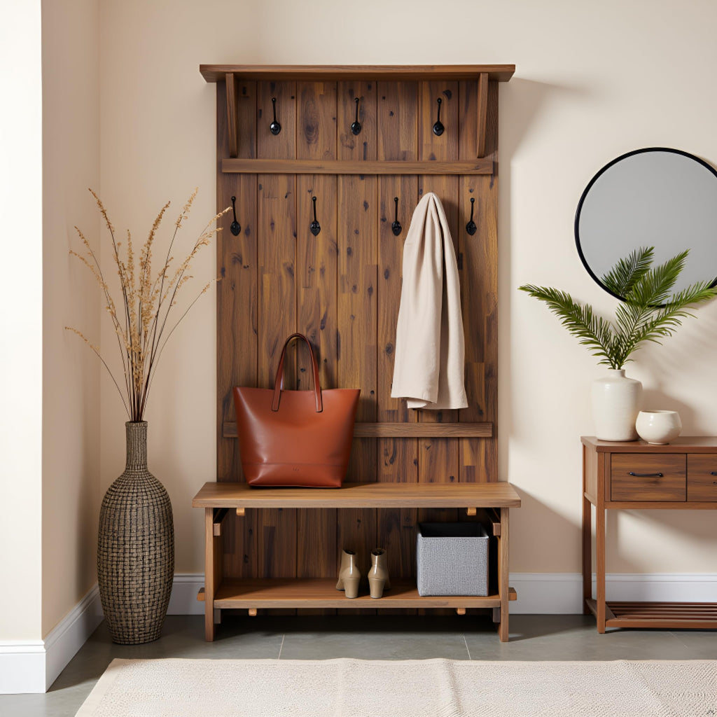 Bethel Rustic Solid Wood Entryway Hall Tree with Bench, Natural