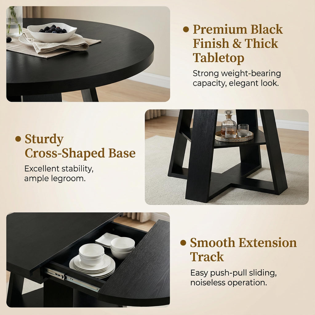 Black Extendable Round Dining Table for 4-6, 43.3"-59" Round to Oval Kitchen Table with Storage Shelf, Modern