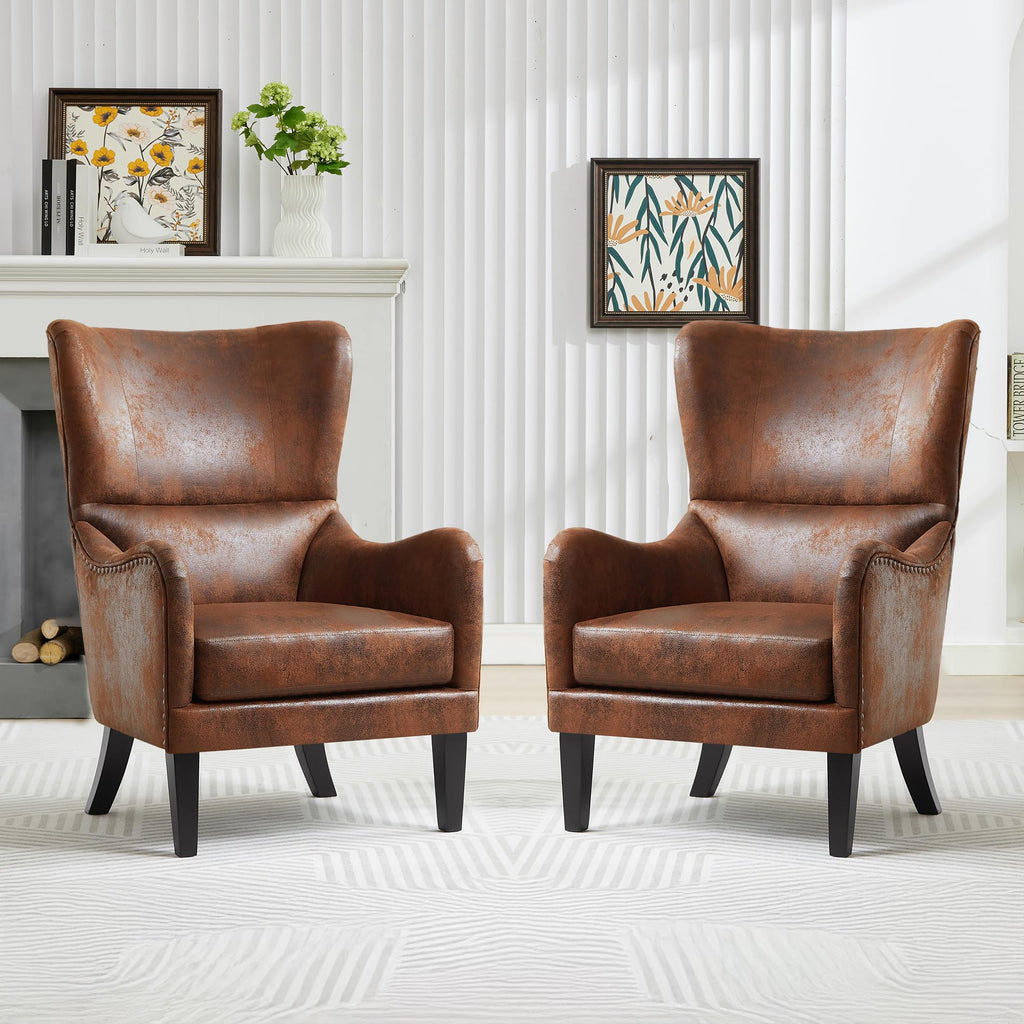 Mid-Century Modern Wingback Chairs, Accent Club Chair with Nailhead Trim, Faux Leather Armchair Sofa Reading Single