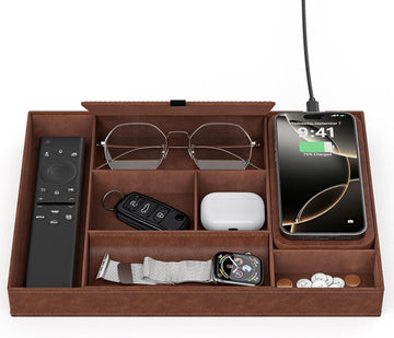 Leather Valet Tray with Wireless Charging Pad - Luxury EDC Nightstand Organizer for Men - Premium Desk Tray