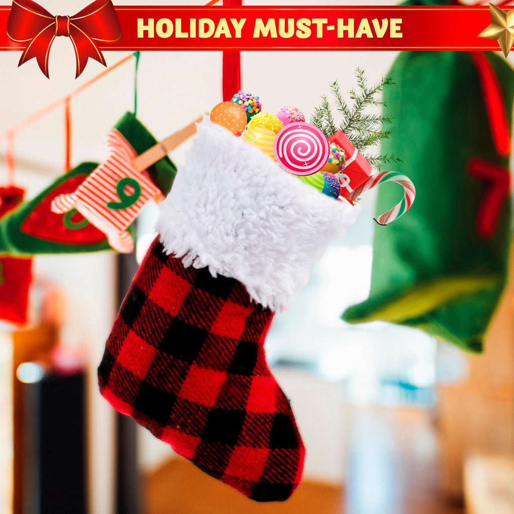 5" Mini ,Red Black Plaid Xmas Stockings Decoration, Party Favors and Holiday Season Supplies - Set of 12
