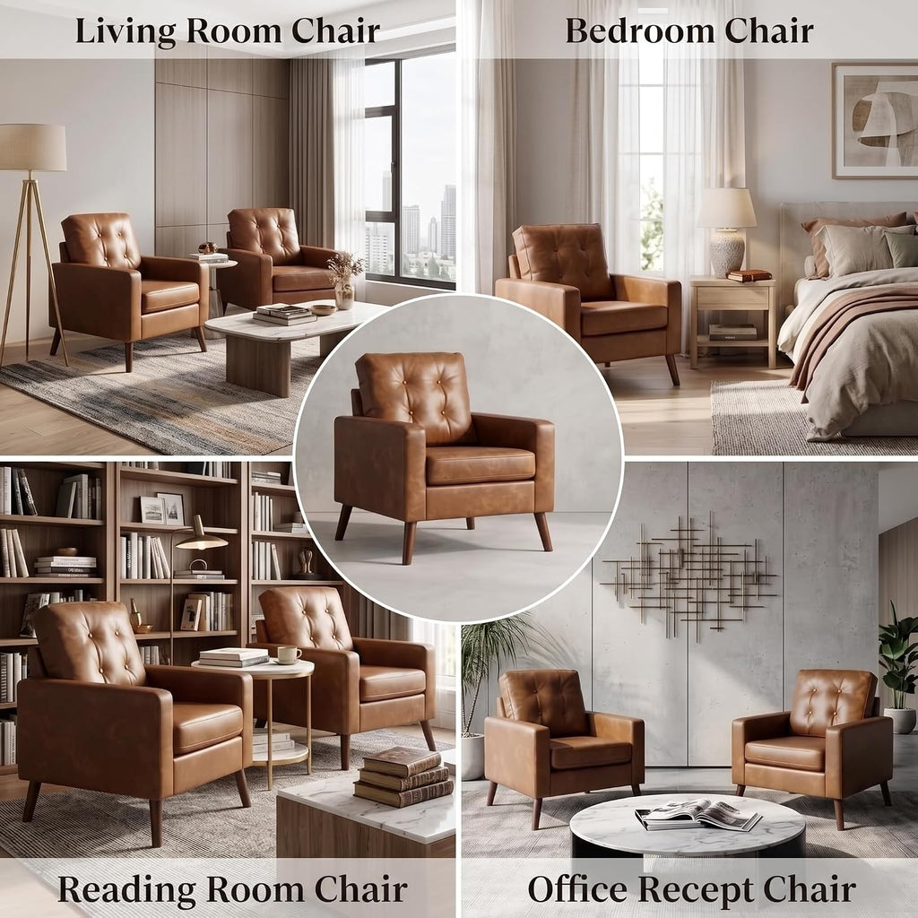 Mid-Century Faux Leather Accent Chairs, Tufted Upholstered Living Room Chairs with Solid Wood Legs, Retro - Set of 2