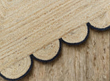 Scalloped Jute Area Rug - 2x3 Ft Natural Handwoven Rug with Black Trim - Farmhouse Boho Entryway Acc